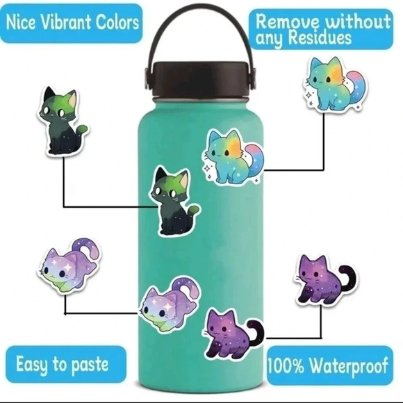 Cute fun 50 piece set vibrant vinyl stickers cat galaxy print rainbow print long - Picture 3 of 8